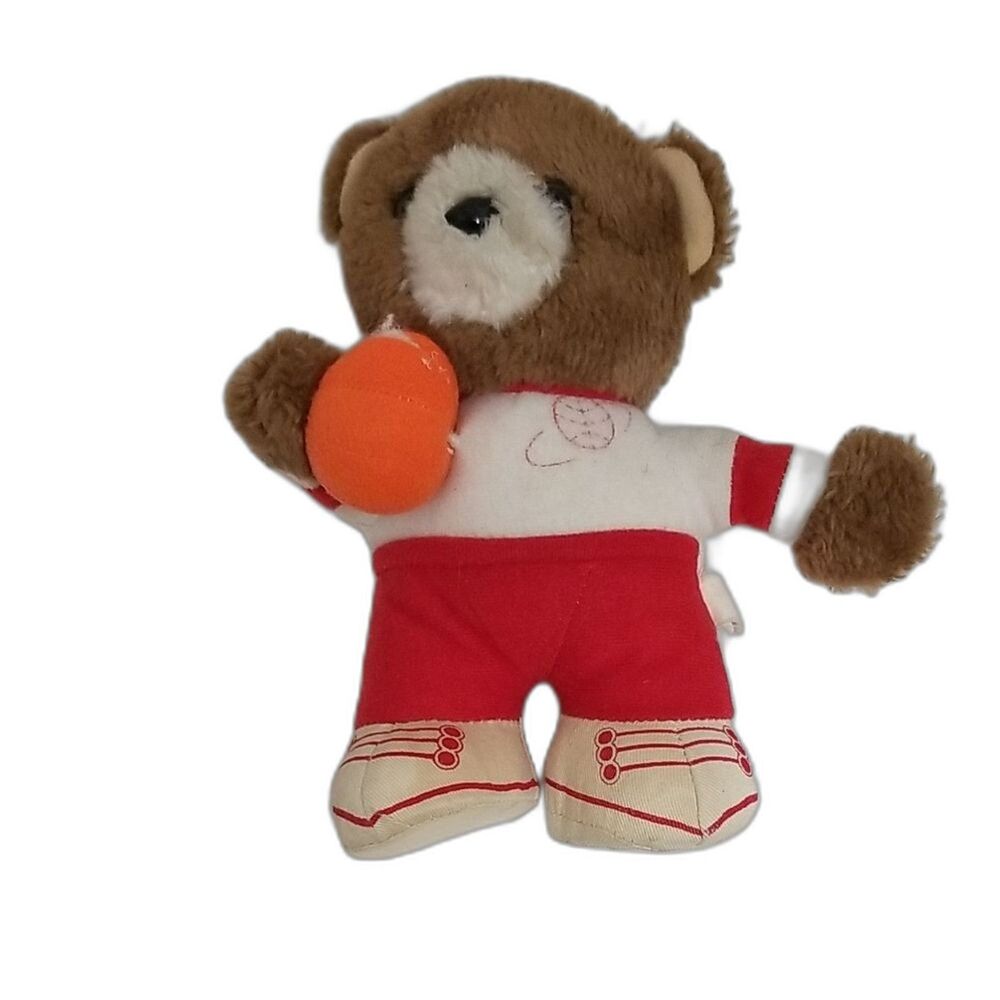 Vintage 1980s Brown Plush Teddy Bear w/ Red Outfit & Ball - Retro Nursery